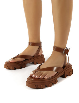 Deputy Tan PU Chunky Sole Ankle Wrap Thong Strap Sandals