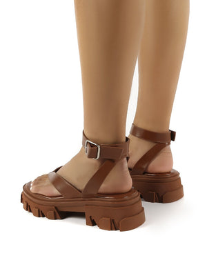 Deputy Tan PU Chunky Sole Ankle Wrap Thong Strap Sandals