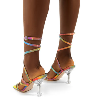 Sugar Holographic Wrap Ankle Perspex Square Toe Heels