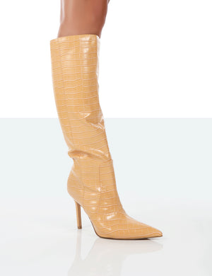 Best Believe Beige Croc Pointed Toe Heeled Knee High Boots