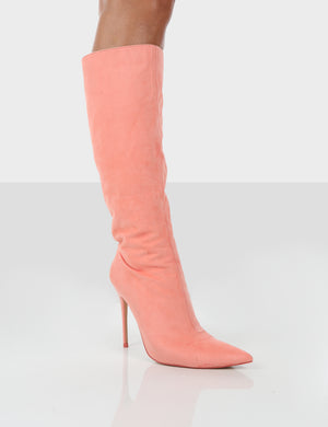 Best Believe Pink Suede Pointed Toe Heeled Knee High Boots