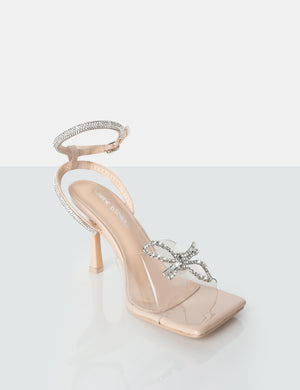 Front Row Nude Patent Diamante Bow Square Toe Heels