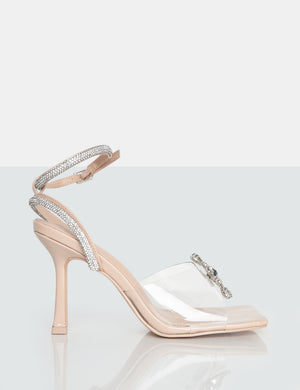 Front Row Nude Patent Diamante Bow Square Toe Heels