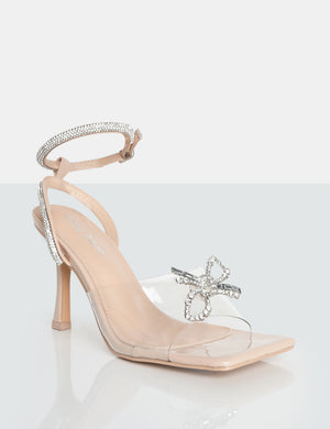 Front Row Nude Patent Diamante Bow Square Toe Heels