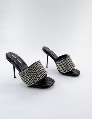 High Shine Black PU Diamante Strappy Heeled Mules