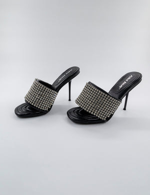 High Shine Black PU Diamante Strappy Heeled Mules