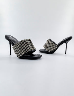 High Shine Black PU Diamante Strappy Heeled Mules