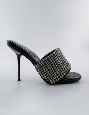 High Shine Black PU Diamante Strappy Heeled Mules