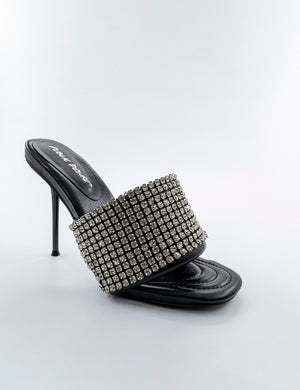 High Shine Black PU Diamante Strappy Heeled Mules