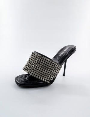 High Shine Black PU Diamante Strappy Heeled Mules