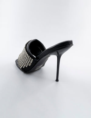 High Shine Black PU Diamante Strappy Heeled Mules