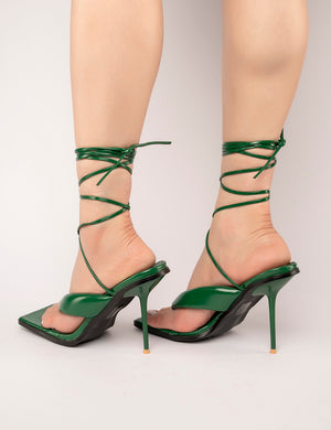 Grand Dark Green Toe Thong Front Square Toe Lace Up Stiletto Heels