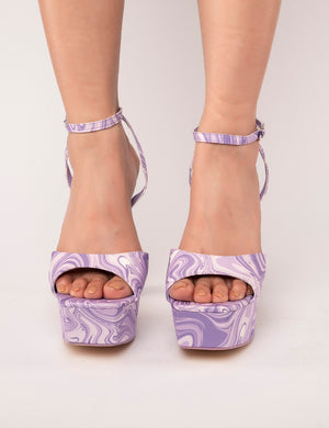 Truce Purple Print Satin Strappy Platform Party High Heels