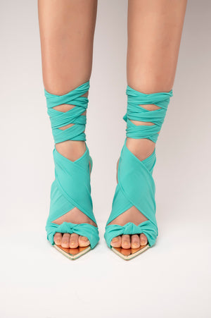 Huni Teal Chiffon Ribbon Tie Up Gold Stiletto Heels