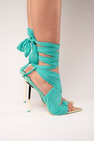 Huni Teal Chiffon Ribbon Tie Up Gold Stiletto Heels