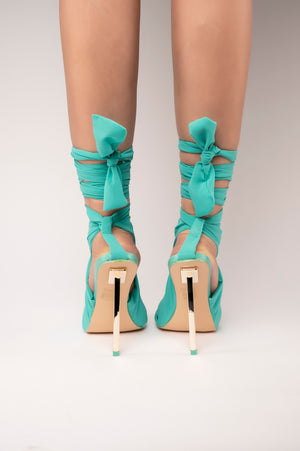 Huni Teal Chiffon Ribbon Tie Up Gold Stiletto Heels