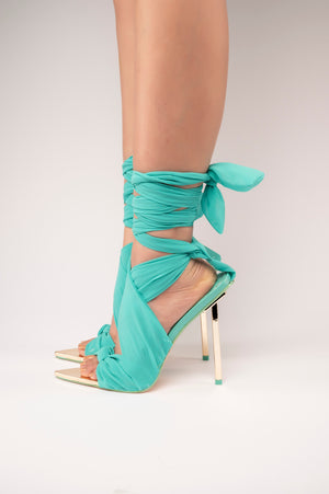 Huni Teal Chiffon Ribbon Tie Up Gold Stiletto Heels