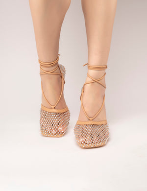 Longshot Nude Diamante Wrap Around Mesh Heels