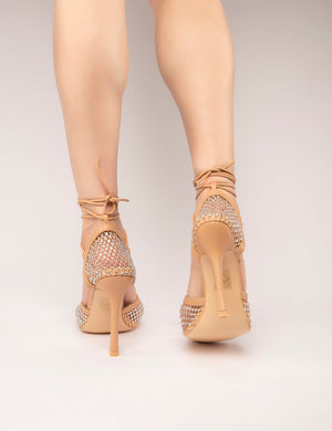 Longshot Nude Diamante Wrap Around Mesh Heels