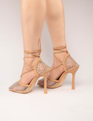 Longshot Nude Diamante Wrap Around Mesh Heels