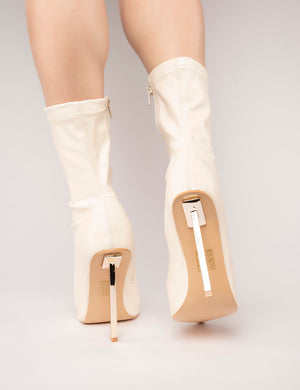 Public Desire Independent Ecru Pu Open Toe Zip Up Stiletto Ankle Boots in  White