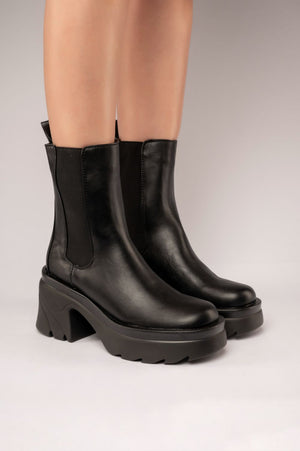 Step Up Wide Fit Black Drench PU Heeled Ankle Boots