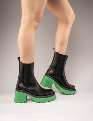 Step Up Black Green PU Heeled Ankle Boots