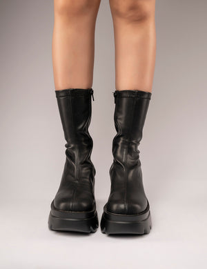 Jennie Black Drench PU Chunky Sole Heeled Ankle Boots