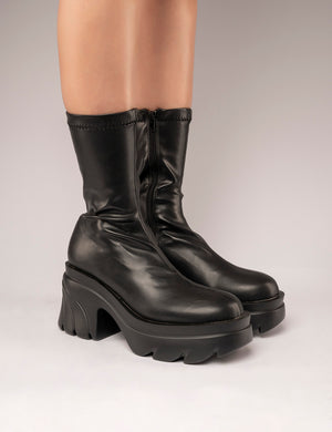 Jennie Black Drench PU Chunky Sole Heeled Ankle Boots