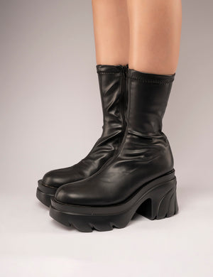 Jennie Black Drench PU Chunky Sole Heeled Ankle Boots