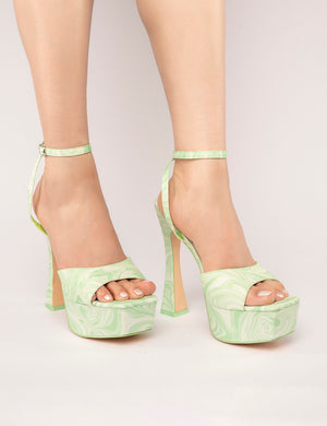 Truce Green Print Satin Strappy Platform Party High Heels