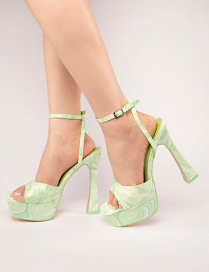 Truce Green Print Satin Strappy Platform Party High Heels