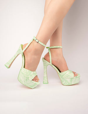 Truce Green Print Satin Strappy Platform Party High Heels