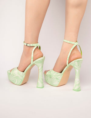 Truce Green Print Satin Strappy Platform Party High Heels