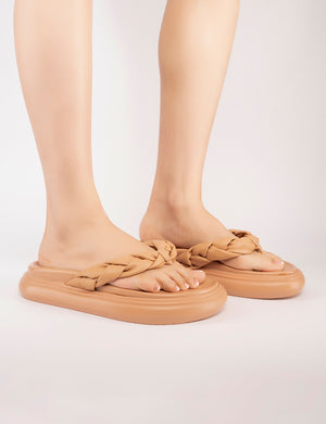 Braidy Beige PU Plait Detail Chunky Flip Flops