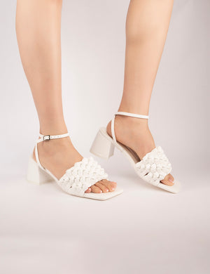 Got This White Pu Woven Square Toe Block Mid Heeled Mule Sandals