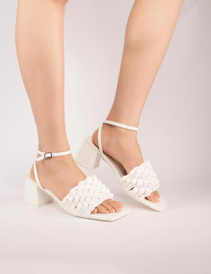 Got This White Pu Woven Square Toe Block Mid Heeled Mule Sandals