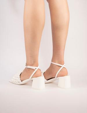 Got This White Pu Woven Square Toe Block Mid Heeled Mule Sandals