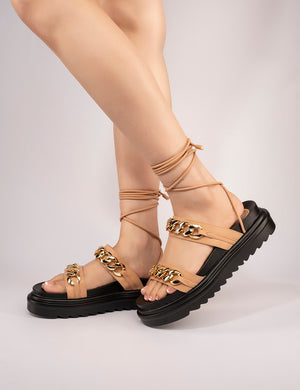 DIZZY BLUE PU LACE UP PLATFORM SANDALS WITH CHAIN DETAIL